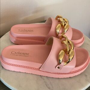 EUC Catherine Malandrino Gold Chain Pink Sandals Slides Size 7